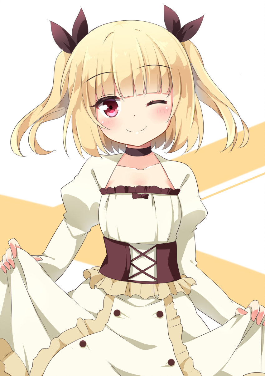 1girl absurdres blonde_hair blunt_bangs blush bow closed_mouth commentary_request dress flat_chest hair_bow highres iijima_yun ikazu401 juliet_sleeves long_sleeves looking_at_viewer new_game! one_eye_closed puffy_sleeves red_eyes short_hair skirt_hold smile solo twintails two_side_up underbust white_dress