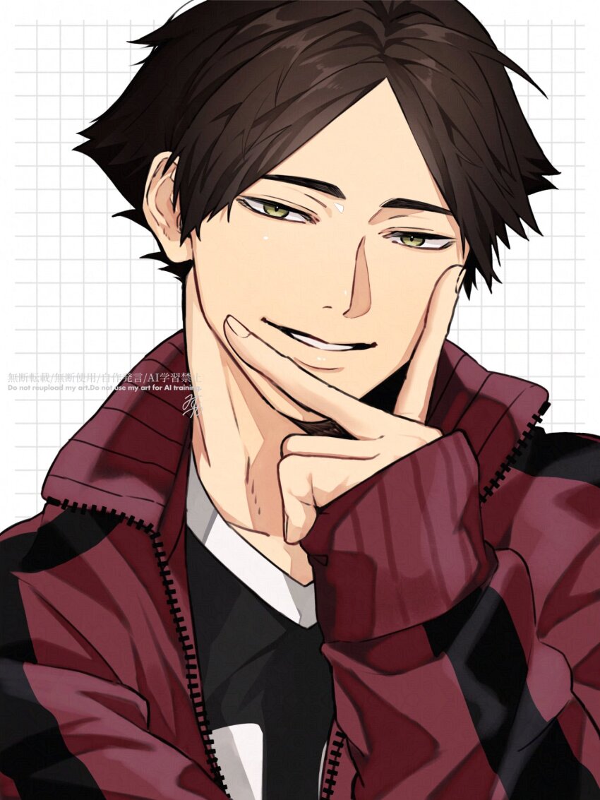 1boy arm_up black_shirt brown_hair collarbone commentary_request grid_background haikyuu!! highres jacket male_focus omg_genjitsu red_jacket shirt short_hair sleeves_past_wrists smile solo sportswear striped_clothes striped_jacket suna_rintarou teeth unzipped upper_body v v-neck v_over_mouth vertical-striped_clothes vertical-striped_jacket volleyball_uniform yellow_eyes zipper