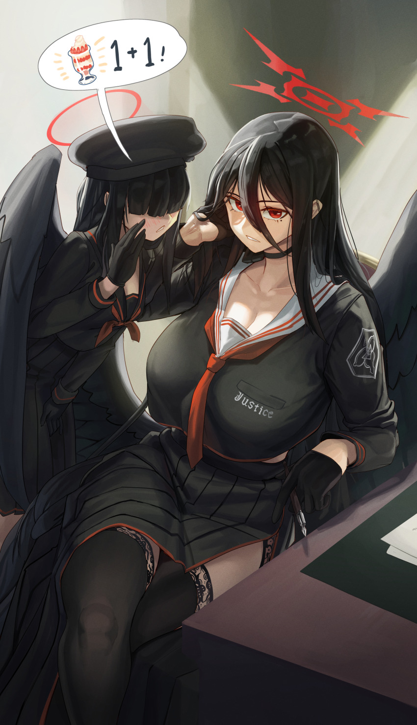 2girls absurdres adjusting_hair beret between_legs black_choker black_dress black_gloves black_hair black_hat black_sailor_collar black_serafuku black_skirt black_thighhighs black_wings blue_archive blush breast_pocket breasts choker cleavage collarbone covered_eyes covering_own_mouth crossed_legs desk dessert dress emblem english_text feathered_wings food garter_straps gloves hair_between_eyes hair_over_eyes half_gloves halo hand_between_legs hand_in_own_hair hand_to_own_mouth hand_up hasumi_(blue_archive) hat height_difference highres holding holding_pen huge_breasts ice_cream justice_task_force_member_(blue_archive) lace lace-trimmed_thighhighs lace-up_thighhighs lace_trim large_breasts large_wings long_bangs long_hair long_skirt long_sleeves looking_at_viewer low_wings medium_breasts mole mole_under_eye multiple_girls neckerchief necktie nib_pen_(object) open_mouth paper parfait pen pleated_skirt pocket red_eyes red_halo red_neckerchief red_necktie roro_(tpghksdlzpq) sailor_collar school_uniform serafuku serious shade shirt shirt_overhang side_slit sitting skirt sleeve_cuffs spoken_food standing strawberry_parfait sundae thighhighs trinity_general_school_logo very_long_hair whispering whispering_in_ear white_sailor_collar wing_hug wings zettai_ryouiki