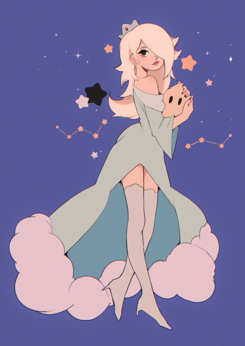 1girl absurdres aqua_dress bare_shoulders bell_sleeves black_eyes blonde_hair blue_background boots cassiopeia_(constellation) commentary constellation crown dress english_commentary front_slit fur_trim hair_over_one_eye highres long_hair luma_(mario) mario_(series) milkoe mini_crown nintendo off_shoulder rosalina solo star_(symbol) super_mario_galaxy thigh_boots white_footwear