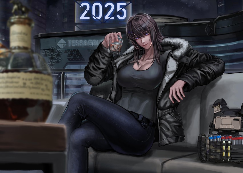 1girl 2025 absurdres alcohol arm_support balcony black_shirt blurry blurry_foreground bottle breasts brown_hair cityscape collarbone couch covered_navel crossed_legs cup denim drinking_glass fur-trimmed_jacket fur_trim g&amp;k-cmdr hand_up head_tilt highres holding holding_cup jacket jeans large_breasts load_bearing_vest looking_at_viewer magazine_(weapon) night on_couch open_clothes open_jacket original pants parted_lips purple_eyes shirt sitting toned toned_female unworn_vest