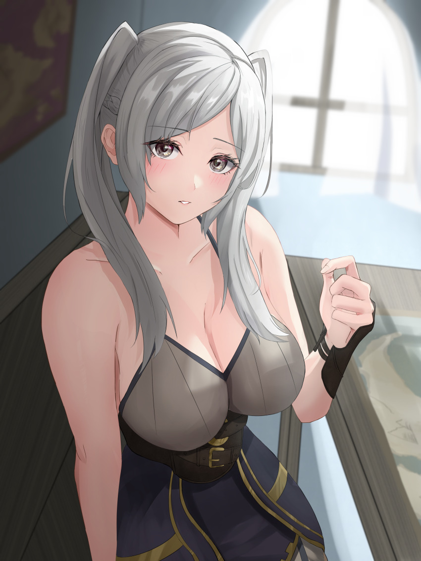 1girl absurdres bare_shoulders breasts cleavage fire_emblem fire_emblem_awakening grey_eyes grey_hair highres large_breasts looking_at_viewer nintendo peli_cantaro robin_(female)_(fire_emblem) robin_(fire_emblem) solo twintails