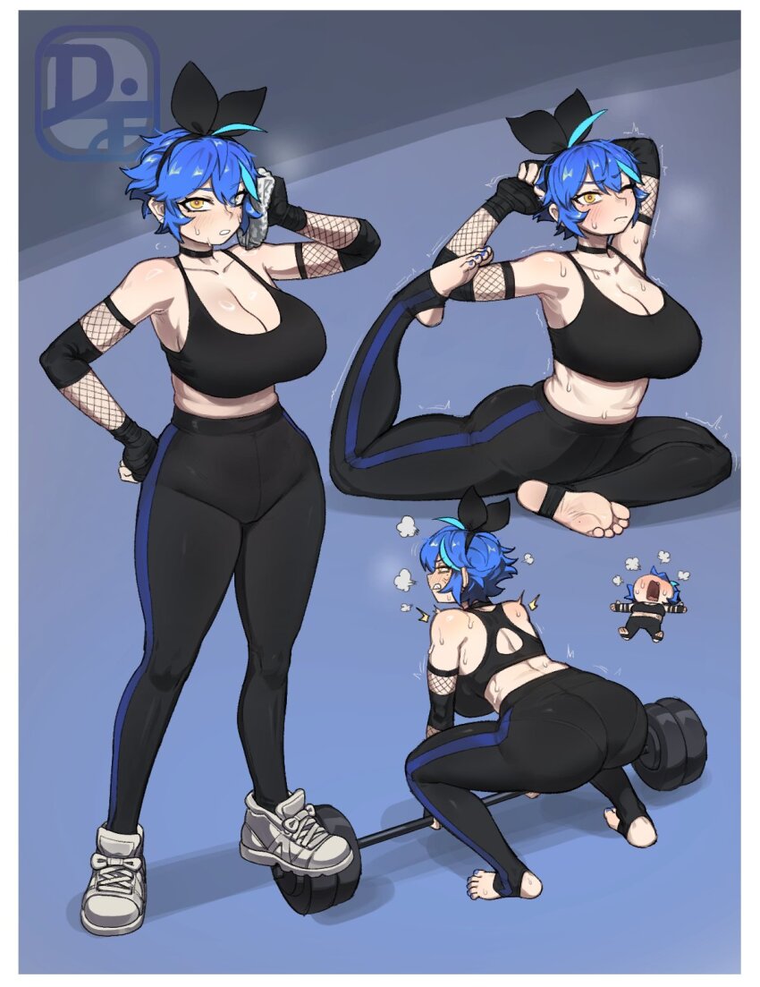 1girl ahoge aqua_hair back barbell bare_shoulders black_bow black_choker black_sports_bra blue_background blue_hair blue_nails blush border bow breasts choker collarbone dif_(difman) difman dyed_ahoge elbow_pads exercising exhausted feet fingerless_gloves fishnet_gloves fishnets gloves grey_background handkerchief highres huge_breasts looking_at_viewer medium_hair messy_hair mole_on_foot multicolored_background multicolored_hair multiple_views nail_polish one_eye_closed open_mouth original pale_skin pants parted_lips plump shoes signature sneakers soles sports_bra squatting stirrup_legwear streaked_hair sweatdrop toeless_legwear toenail_polish toenails white_border white_footwear wiping_sweat yellow_eyes yoga yoga_pants