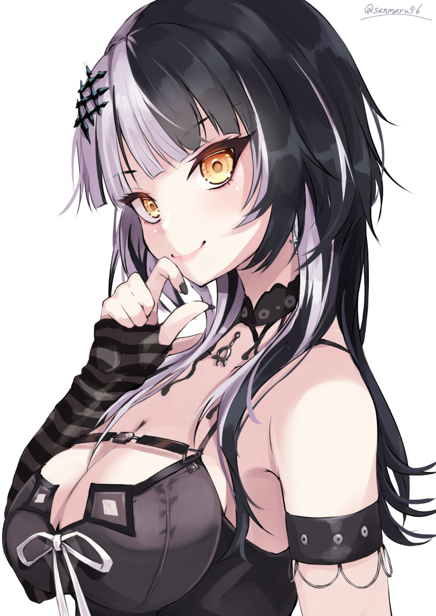 1girl black_arm_warmers black_choker black_dress black_hair black_nails breasts chest_belt choker cleavage dress grey_hair highres hololive hololive_english kuro_(be_ok) large_breasts long_hair looking_at_viewer multicolored_hair nail_polish shiori_novella shiori_novella_(1st_costume) smile solo split-color_hair virtual_youtuber yellow_eyes