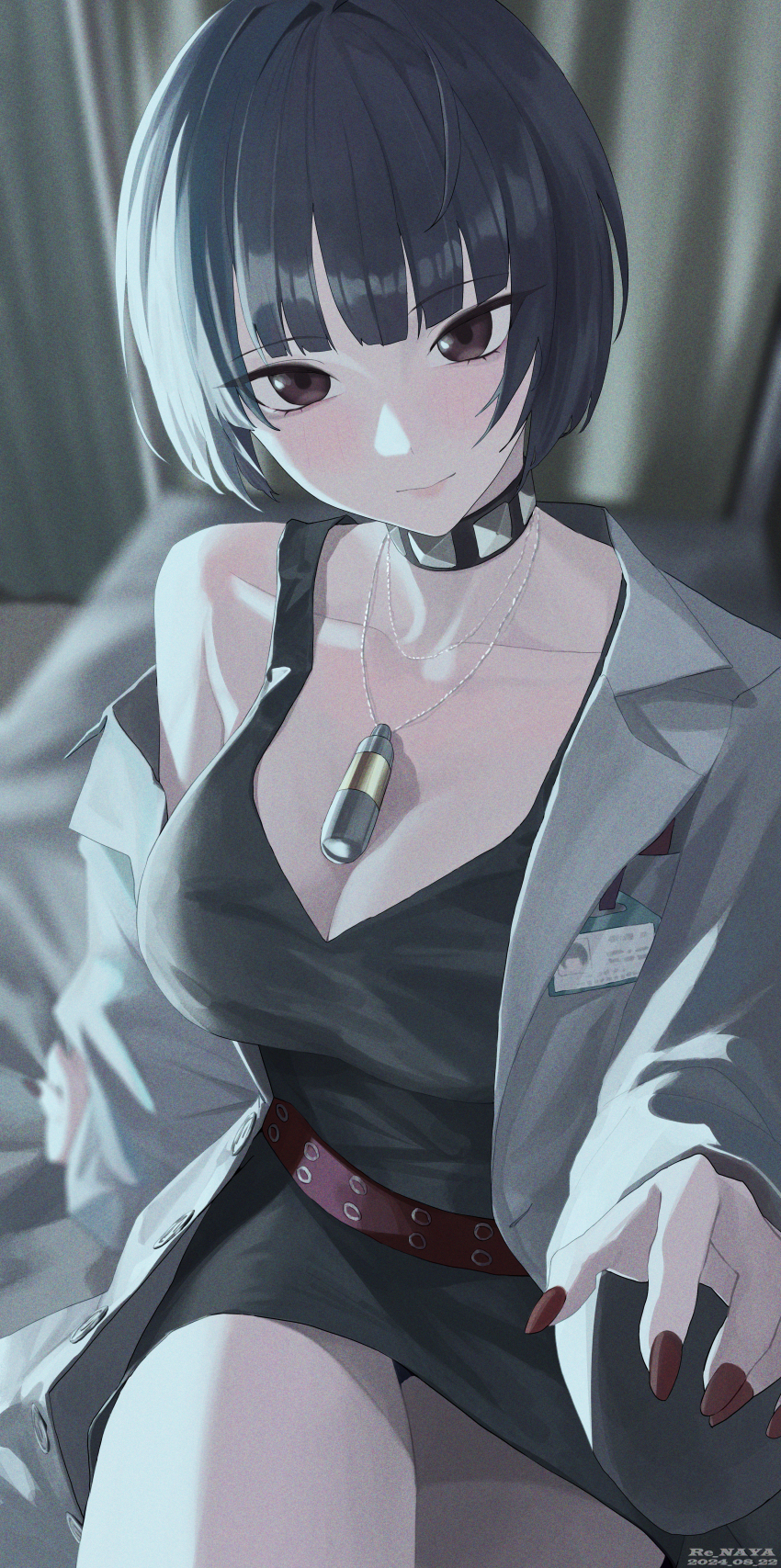 1girl absurdres artist_name belt black_choker black_dress black_hair bob_cut breasts brown_eyes choker cleavage coat commentary_request crossed_legs dated dress fingernails head_tilt highres id_card indoors lab_coat medium_breasts open_clothes open_coat persona persona_5 re_naya reaching reaching_towards_viewer red_belt red_nails short_hair sitting smile solo takemi_tae white_coat