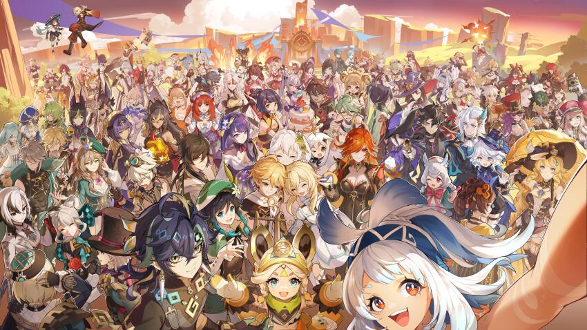 2024_summer_olympics 6+boys 6+girls absolutely_everyone absurdres aether_(genshin_impact) ahoge albedo_(genshin_impact) alhaitham_(genshin_impact) aloy_(horizon) amber_(genshin_impact) animal_ears anniversary arataki_itto arlecchino_(genshin_impact) artist_request ayaka_(genshin_impact) baizhu_(genshin_impact) barbara_(genshin_impact) beidou_(genshin_impact) bennett_(genshin_impact) biker_clothes black_bikesuit black_eyes black_gloves black_hair blue_eyes blue_hair bodysuit breasts cake candace_(genshin_impact) cat_girl charlotte_(genshin_impact) chevreuse_(genshin_impact) chinese_clothes chiori_(genshin_impact) chongyun_(genshin_impact) cleavage clorinde_(genshin_impact) closed_eyes closed_mouth collei_(genshin_impact) cosplay cyno_(genshin_impact) dehya_(genshin_impact) diluc_(genshin_impact) diona_(genshin_impact) dori_(genshin_impact) earrings emilie_(genshin_impact) eula_(genshin_impact) everyone explosion faruzan_(genshin_impact) fire fischl_(genshin_impact) floating food freminet_(genshin_impact) frills furina_(genshin_impact) gaming_(genshin_impact) ganyu_(genshin_impact) genshin_impact glasses gloves gorou_(genshin_impact) green_hair guoba_(genshin_impact) hair_between_eyes hair_ornament highres horizon_(video_game) hu_tao_(genshin_impact) japanese_clothes jean_(genshin_impact) jewelry kachina_(genshin_impact) kaedehara_kazuha kaeya_(genshin_impact) kamisato_ayato kaveh_(genshin_impact) keqing_(genshin_impact) kinich_(genshin_impact) kirara_(cat)_(genshin_impact) kirara_(genshin_impact) klee_(genshin_impact) kujou_sara kuki_shinobu layla_(genshin_impact) lisa_(a_sobriquet_under_shade)_(genshin_impact) lisa_(genshin_impact) long_hair long_sleeves looking_at_viewer lumine_(genshin_impact) lynette_(genshin_impact) lyney_(genshin_impact) mavuika_(genshin_impact) mika_(genshin_impact) mona_(genshin_impact) mualani_(genshin_impact) multicolored_hair multiple_boys multiple_girls nahida_(genshin_impact) navia_(genshin_impact) neuvillette_(genshin_impact) nilou_(breeze_of_sabaa)_(genshin_impact) nilou_(genshin_impact) ningguang_(genshin_impact) noelle_(genshin_impact) olympics open_mouth orange_eyes orange_hair outdoors paimon_(genshin_impact) purple_eyes purple_hair qiqi_(genshin_impact) raiden_shogun razor_(genshin_impact) red-framed_eyewear red_hair rosaria_(genshin_impact) sangonomiya_kokomi sayu_(genshin_impact) scaramouche_(genshin_impact) second-party_source sethos_(genshin_impact) shenhe_(genshin_impact) shikanoin_heizou short_hair sigewinne_(genshin_impact) single_earring smile streaked_hair sucrose_(genshin_impact) sunburst_iris symbol-shaped_pupils tartaglia_(genshin_impact) thoma_(genshin_impact) tighnari_(genshin_impact) two-tone_hair venti_(genshin_impact) very_long_hair wanderer_(genshin_impact) when_you_see_it white_hair wriothesley_(genshin_impact) x-shaped_pupils xiangling_(genshin_impact) xianyun_(genshin_impact) xiao_(genshin_impact) xingqiu_(genshin_impact) xinyan_(genshin_impact) yae_miko yanfei_(genshin_impact) yaoyao_(genshin_impact) yelan_(genshin_impact) yellow_eyes yoimiya_(genshin_impact) yun_jin_(genshin_impact) yusuf_dikec yusuf_dikec_(cosplay) zhongli_(genshin_impact)