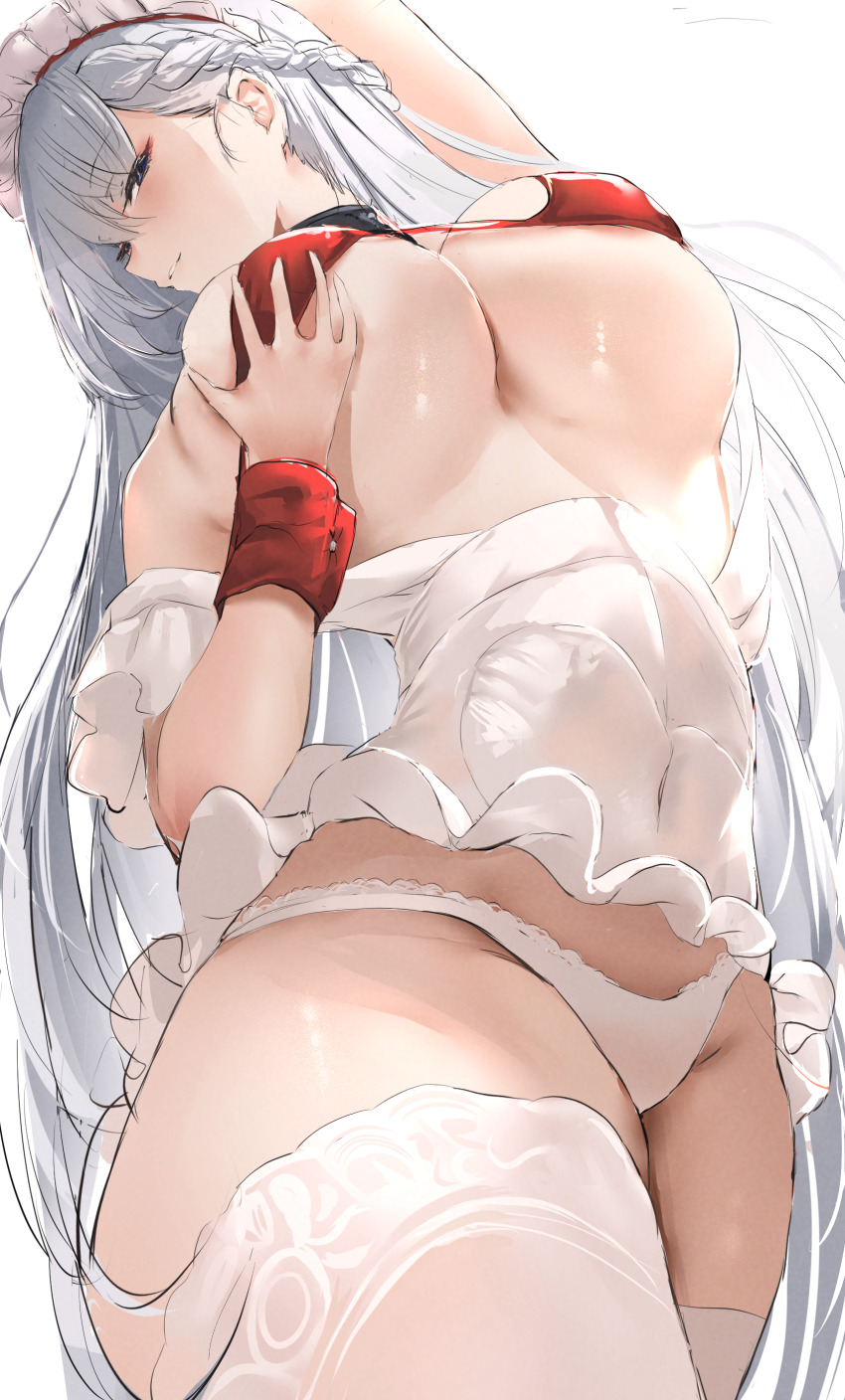 1girl absurdres arm_up azur_lane bare_shoulders belfast_(azur_lane) belfast_(blissful_service)_(azur_lane) blush breasts commentary highres huge_breasts liaowen looking_at_viewer maid_headdress official_alternate_costume panties parted_lips seductive_smile simple_background smile solo thighhighs thighs underboob underwear white_background white_hair white_panties white_thighhighs