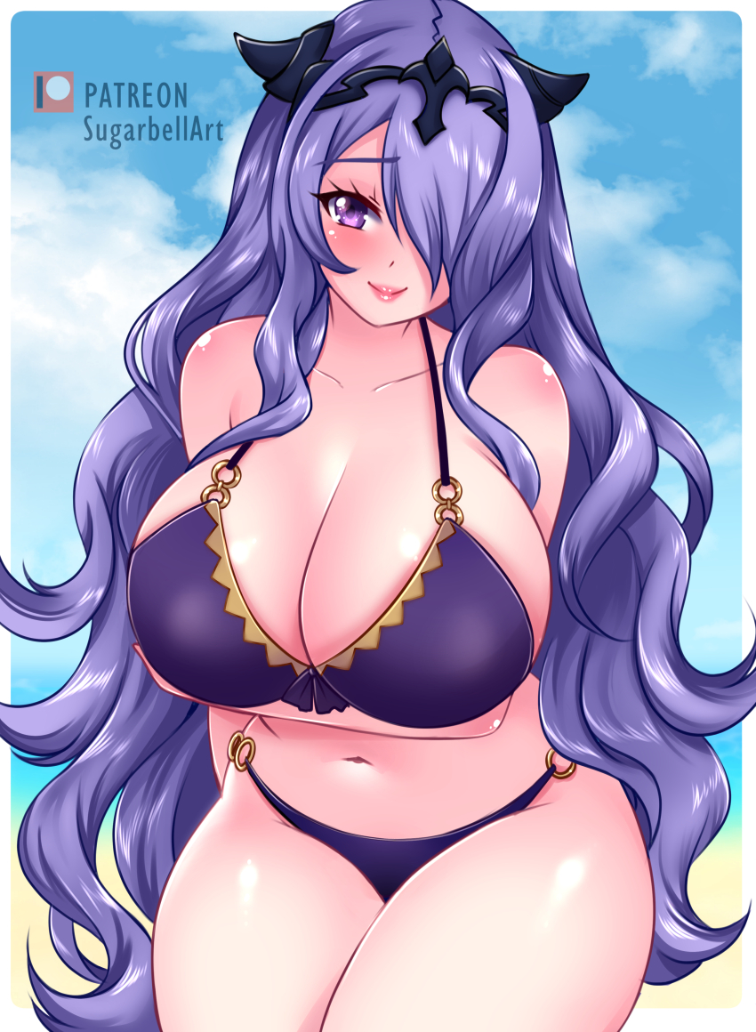 1girl beach bikini blush breasts camilla_(fire_emblem) camilla_(tropical_beauty)_(fire_emblem) cleavage cloud collarbone fire_emblem fire_emblem_fates hair_over_one_eye headpiece horns huge_breasts leaning_forward long_hair looking_at_viewer navel nintendo o-ring o-ring_bikini ocean purple_bikini purple_eyes purple_hair sand sky smile standing sugarbell swimsuit thick_thighs thighs water