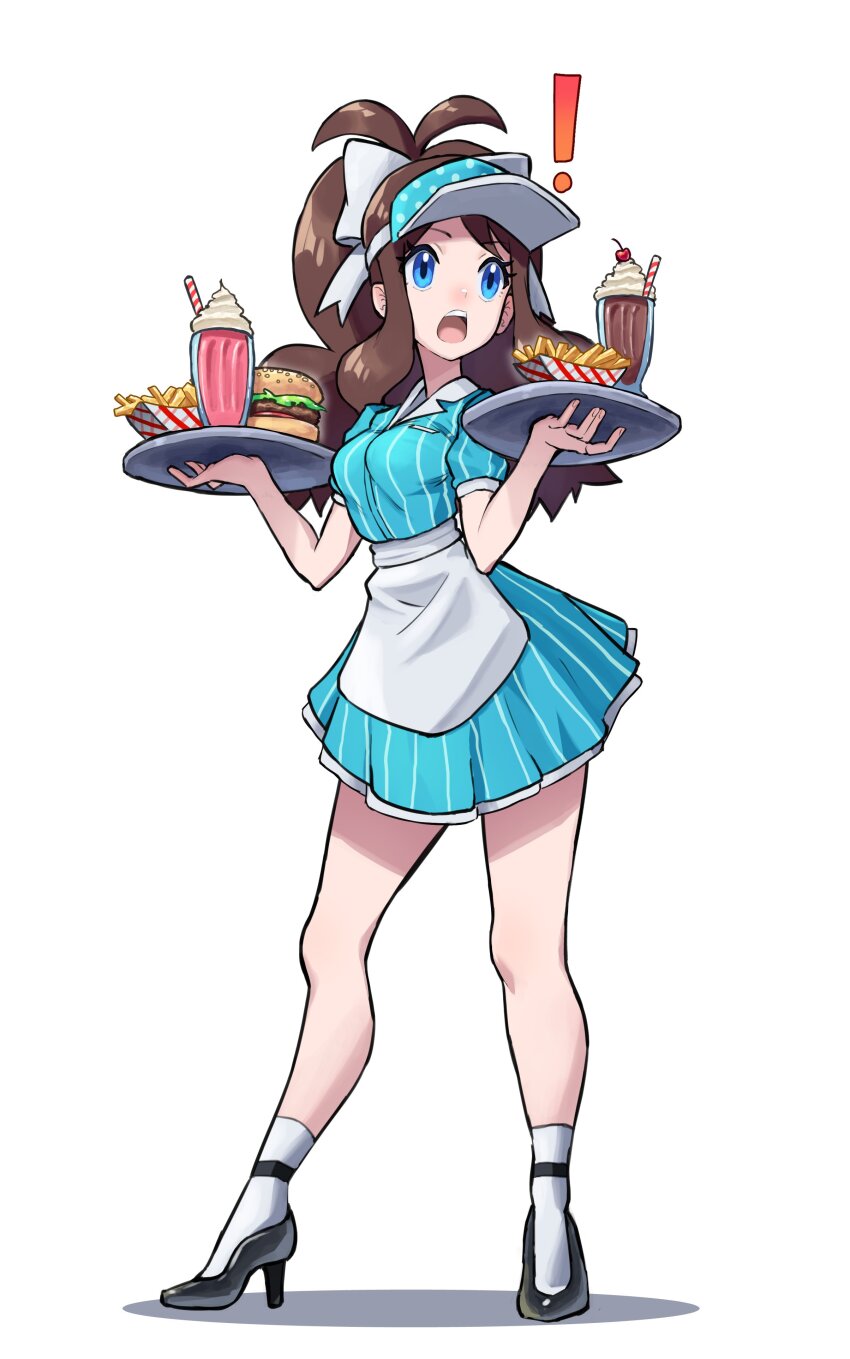 ! 1girl :o absurdres alternate_costume apron black_footwear blue_dress blue_eyes blue_hat bow brown_hair burger commentary creatures_(company) dress food french_fries full_body game_freak grimmelsdathird hair_bow hat high_heels highres hilda_(pokemon) holding holding_tray long_hair milkshake nintendo open_mouth pokemon pokemon_bw ponytail short_sleeves socks solo striped_clothes striped_dress symbol-only_commentary teeth tray upper_teeth_only vertical-striped_clothes vertical-striped_dress visor_cap waist_apron waitress white_apron white_background white_bow white_socks