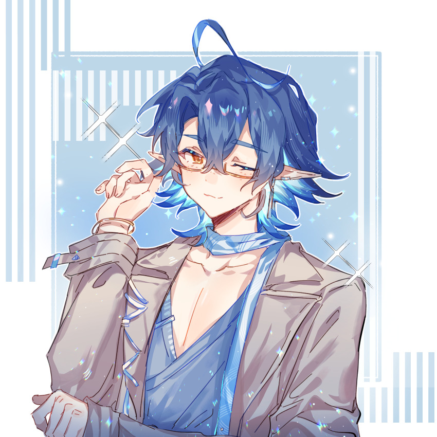 1boy ahoge arknights bishounen blue_hair bracelet coat collarbone ear_picking glasses hand_up highres jewelry lumen_(arknights) male_focus one_eye_closed open_clothes orange_eyes pointy_ears qiaokelidanjuan21194 short_hair smile solo sparkle upper_body