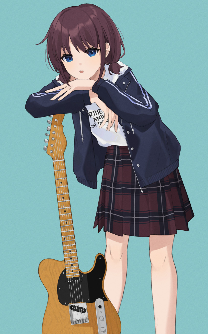 1girl absurdres blue_background blue_eyes blue_jacket brown_hair clothes_writing commentary electric_guitar fender_telecaster girls_band_cry guitar highres instrument iseri_nina jacket long_sleeves low_twintails merlin_(mer71n) open_clothes open_jacket open_mouth plaid_clothes plaid_skirt pleated_skirt red_skirt shirt short_hair short_twintails sidelocks simple_background skirt solo twintails white_shirt zipper zipper_pull_tab