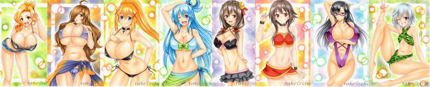 6+girls absurdres aqua_(konosuba) black_hair blonde_hair blue_hair breasts brown_hair chris_(konosuba) collage collar darkness_(konosuba) glasses hair_over_one_eye highres kono_subarashii_sekai_ni_shukufuku_wo! large_breasts long_hair luna_(konosuba) megumin multiple_girls ponytail sena_(konosuba) takecha wiz_(konosuba) yunyun_(konosuba)