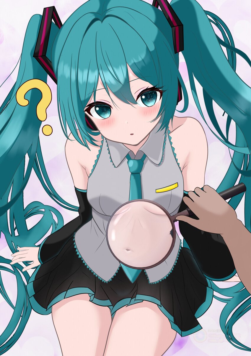 1girl 1other absurdres aqua_eyes aqua_hair aqua_necktie black_skirt blush breasts detached_sleeves futatunoniji grey_shirt hair_between_eyes hair_ornament hatsune_miku highres holding holding_magnifying_glass long_hair looking_at_viewer magnifying_glass medium_breasts midriff navel necktie open_mouth shirt skirt solo stomach thighhighs twintails very_long_hair vocaloid