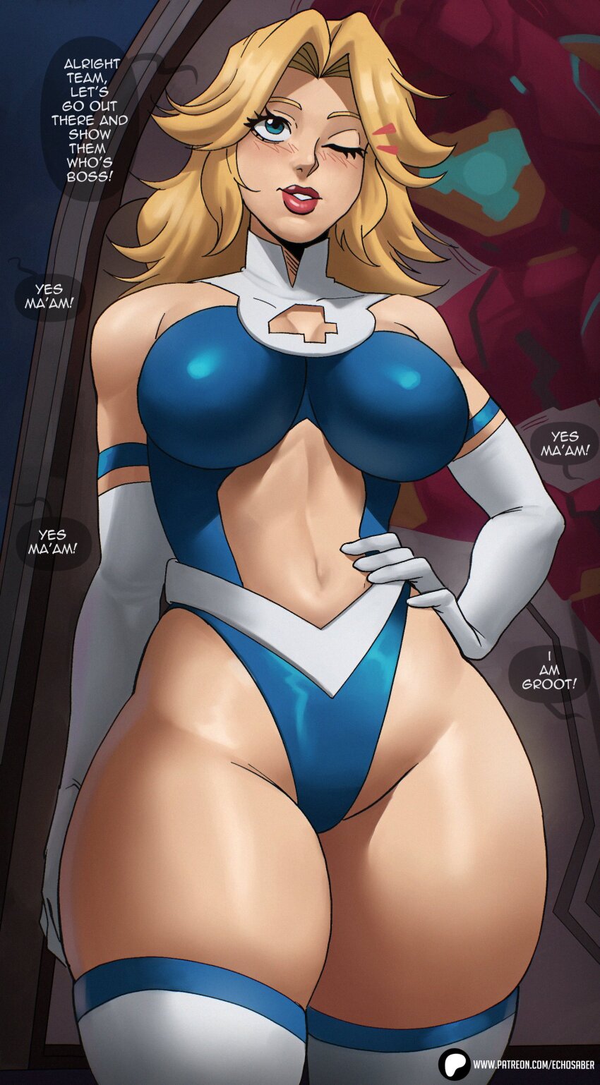 1girl absurdres blonde_hair blue_bodysuit blue_eyes bodysuit breasts earrings echo_saber fantastic_four gloves highres jewelry large_breasts leotard long_hair looking_at_viewer marvel marvel_rivals navel one_eye_closed smile solo sue_storm superhero_costume thighhighs two-tone_bodysuit