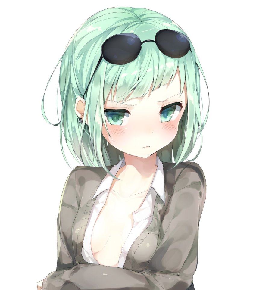 1girl bad_id bad_twitter_id blush breasts cardigan collared_shirt eyewear_on_head female_focus green_eyes green_hair highres looking_at_viewer niito original pout shirt simple_background small_breasts solo sunglasses unbuttoned unbuttoned_shirt upper_body white_background white_shirt