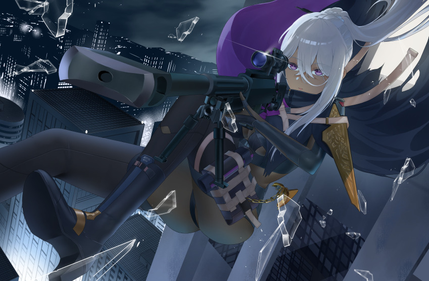 absurdres anti-materiel_rifle bipod black_leotard bolt_action boots braid breaking building commentary_request dark-skinned_female dark_skin full_body girls&#039;_frontline girls&#039;_frontline_2:_exilium gold_mask grey_hair gun hair_between_eyes high_heel_boots high_heels highres holding ieguti leotard long_hair looking_at_viewer nemesis_(girls&#039;_frontline_2) night outdoors parted_lips purple_eyes rifle scope shards sig_san_511 sig_sauer sniper_rifle weapon