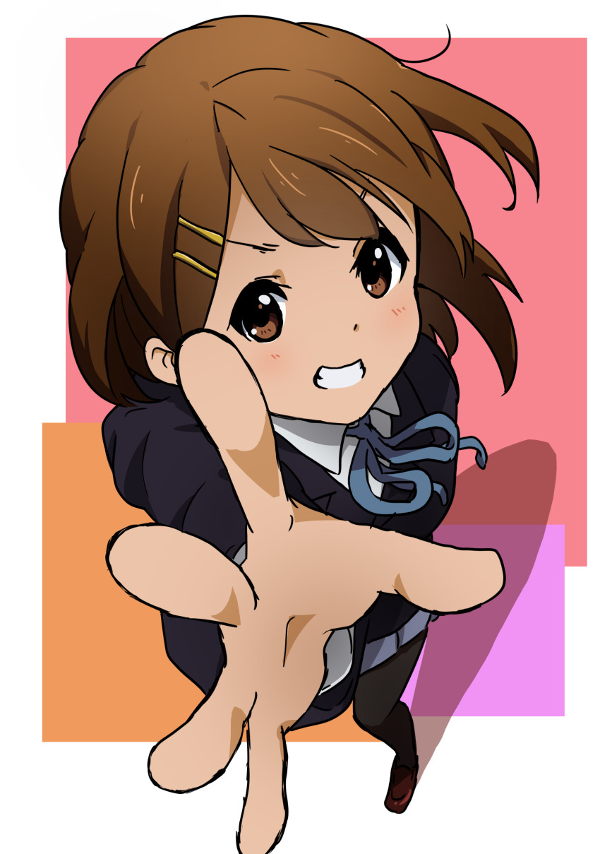 1girl absurdres bad_tag black_pantyhose brown_hair clenched_teeth from_above grin hair_ornament hairpin highres hirasawa_yui k-on! kicchi_(tmgk) light_blush looking_at_viewer medium_hair multiple_hairpins pantyhose reaching reaching_towards_viewer sakuragaoka_high_school_uniform school_uniform smile teeth