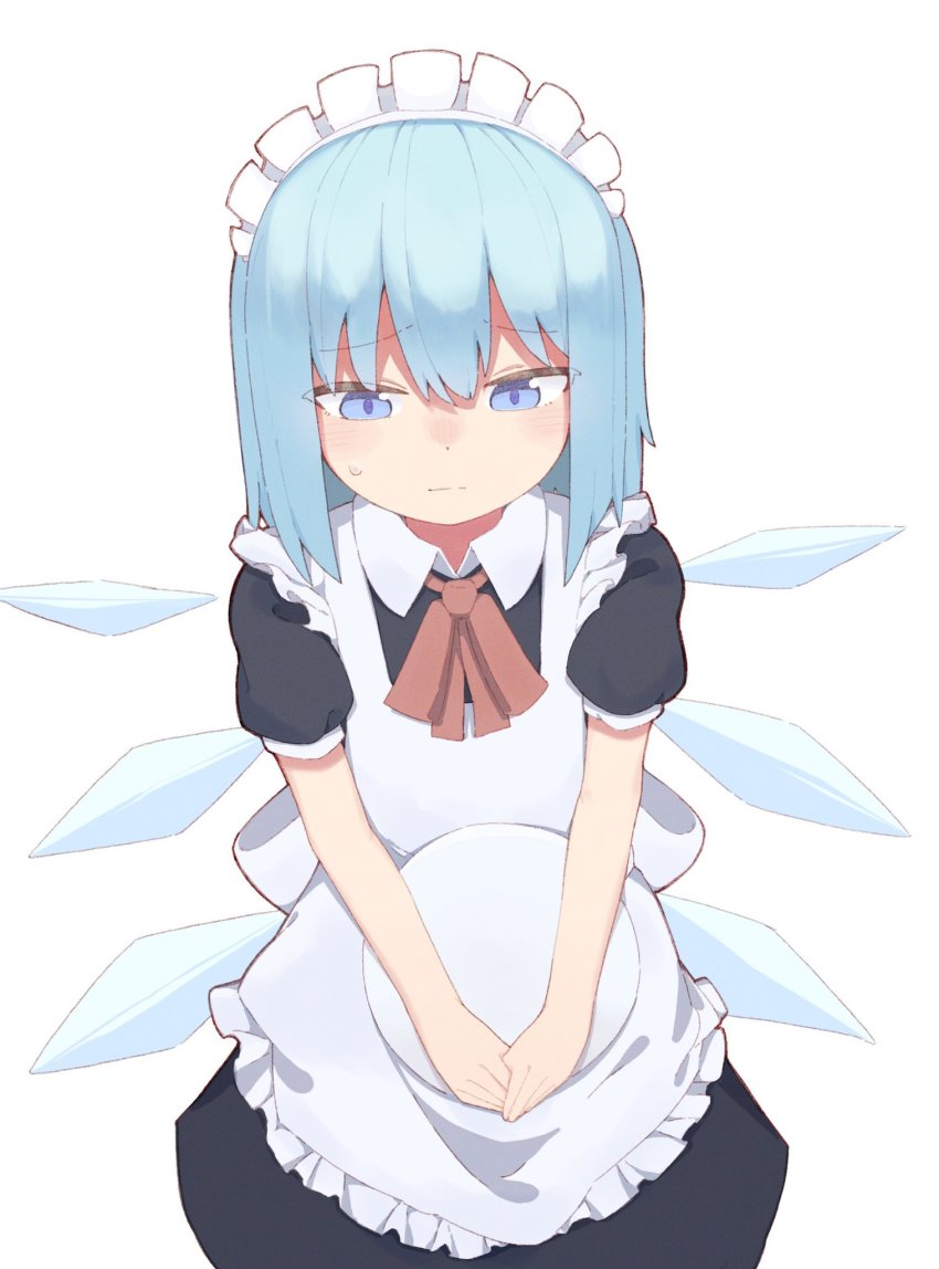 1girl alternate_costume apron black_dress blue_eyes blush cirno commentary_request cowboy_shot detached_wings dress enmaided highres holding holding_tray ice ice_wings kae_karee looking_down maid maid_headdress medium_hair neck_ribbon raised_eyebrows red_ribbon ribbon short_sleeves simple_background solo straight_hair touhou tray white_background wings