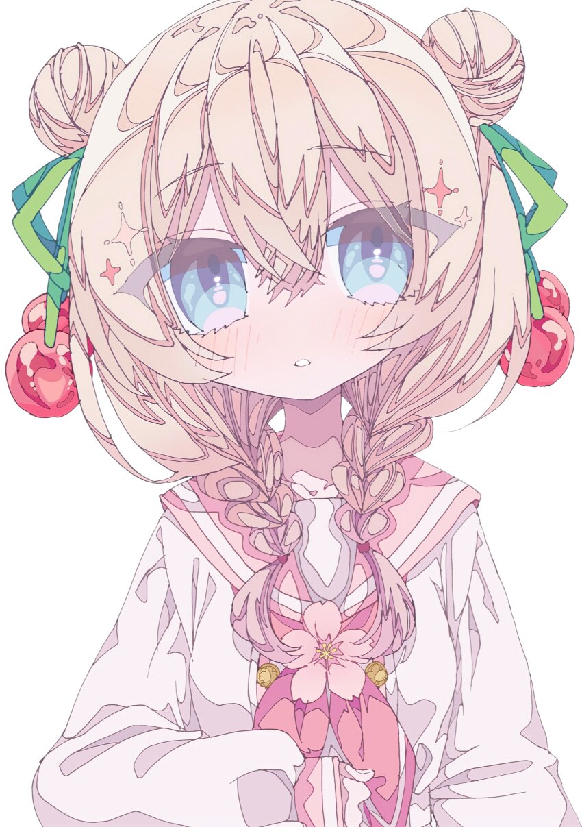 1girl absurdres asumi_shuo blonde_hair blue_eyes braid cherry_blossoms collarbone crossed_bangs double-parted_bangs double_bun eyes_visible_through_hair flower green_ribbon hair_between_eyes hair_bun hair_ribbon highres long_hair long_sleeves mekziro neckerchief no_nose parted_lips pink_flower pink_neckerchief pink_sailor_collar ribbon sailor_collar simple_background sleeves_past_wrists solo twin_braids voicepeak white_background