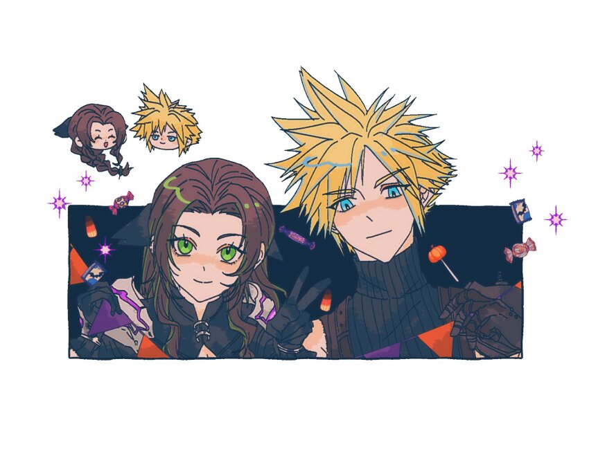 1boy 1girl aerith_gainsborough aerith_gainsborough_(bahamut_robe) armor black_background black_capelet black_gloves black_ribbon blonde_hair blue_eyes border braid braided_ponytail brown_gloves brown_hair candy candy_corn capelet final_fantasy final_fantasy_vii final_fantasy_vii_ever_crisis food gloves green_eyes hair_ribbon highres holding holding_candy holding_food light_smile linerhan long_hair official_alternate_costume open_mouth parted_bangs pumpkin ribbon short_hair shoulder_armor sidelocks single_bare_shoulder single_braid single_shoulder_pad sleeveless sleeveless_turtleneck smile spiked_hair suspenders turtleneck white_border wrapped_candy