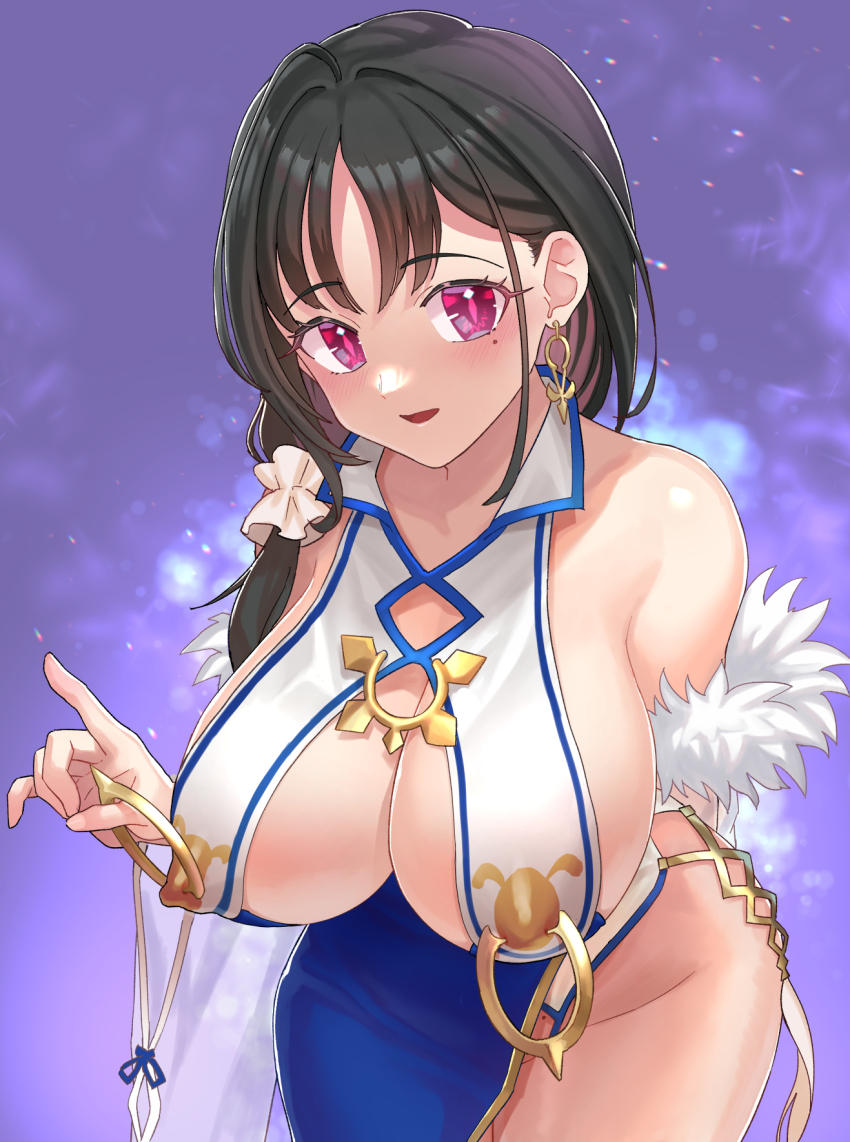 1girl azur_lane black_hair blush breast_curtains breasts covered_erect_nipples earrings hand_up highres huge_breasts jewelry leaning_forward long_hair looking_at_viewer mole mole_on_crotch mole_under_eye nipple_piercing open_mouth pelvic_curtain piercing pubic_hair purple_eyes smile solo supurai ting_an_(azur_lane)