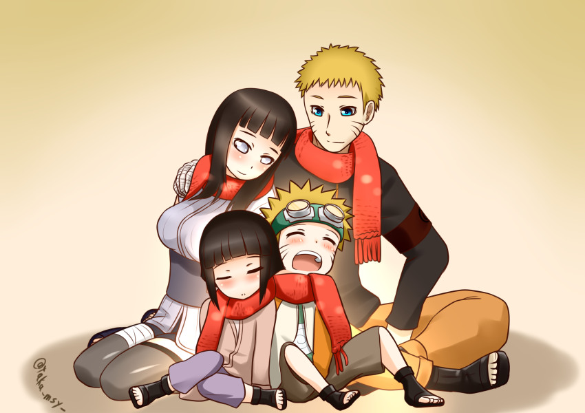 absurdres age_progression dual_persona goggles highres hime_cut hyuuga_hinata kashisu_mint naruto:_the_last naruto_(series) scarf shared_clothes shared_scarf spiked_hair uzumaki_naruto whiskers