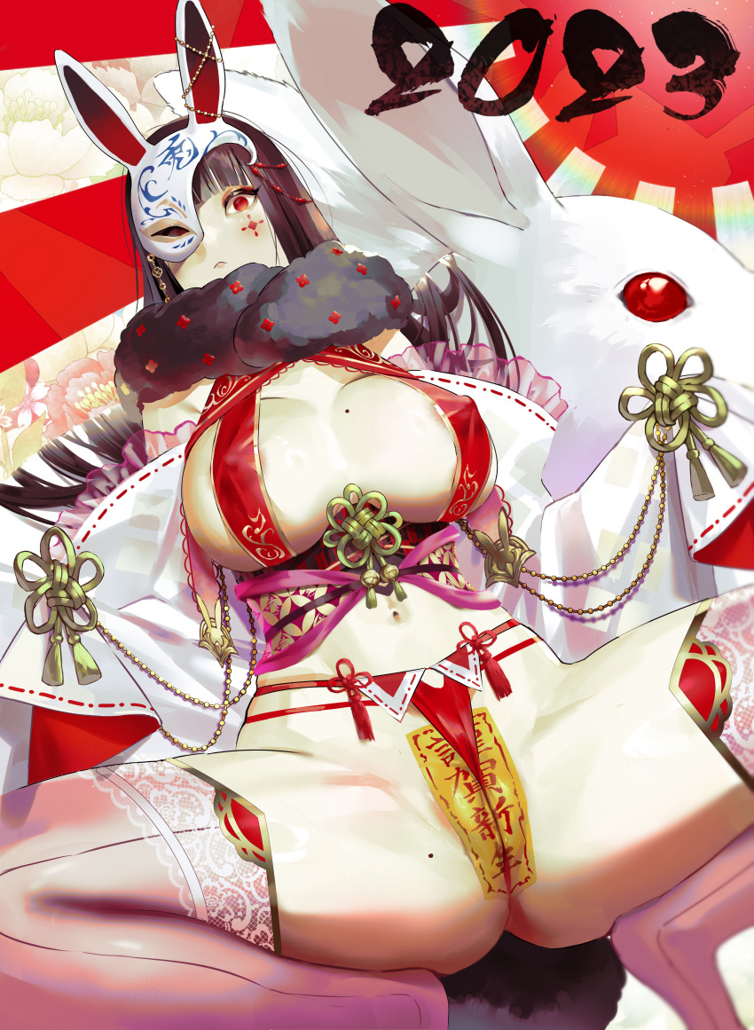 1girl absurdres black_hair blunt_bangs breasts commentary covered_erect_nipples english_commentary facial_mark from_below half_mask highres huge_breasts kuroi_suna mask mole mole_on_breast mole_on_thigh original rabbit_mask red_eyes rising_sun_flag solo squatting sunburst thighhighs thighs white_sleeves white_thighhighs wide_sleeves