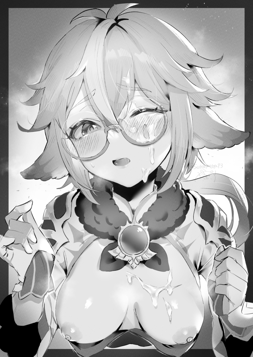 1girl animal_ears blush breasts cum cum_on_body cum_on_breasts cum_on_eyewear cum_on_upper_body facial fur_collar genshin_impact glasses gloves greyscale hair_between_eyes highres long_hair medium_breasts monochrome multicolored_hair nipples one_eye_closed open_mouth round_eyewear semi-rimless_eyewear solo streaked_hair sucrose_(genshin_impact) sukoyaka93 upper_body vision_(genshin_impact) wide_sleeves