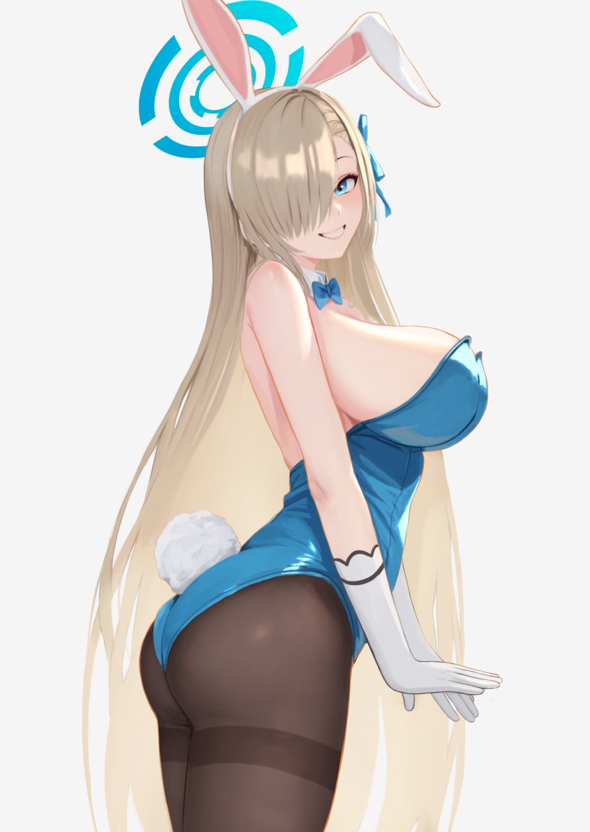 1girl absurdres animal_ears ass asuna_(blue_archive) asuna_(bunny)_(blue_archive) black_pantyhose blue_archive blue_eyes blue_leotard blue_ribbon bow bowtie breasts diky fake_animal_ears fake_tail gloves grin hair_over_one_eye hair_ribbon highleg highleg_leotard highres large_breasts leotard light_brown_hair long_hair pantyhose playboy_bunny rabbit_ears rabbit_tail ribbon smile solo strapless strapless_leotard tail teeth thighband_pantyhose traditional_bowtie white_gloves