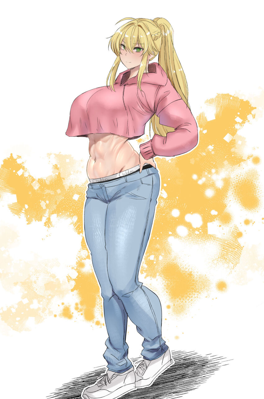 1girl abs ahoge artoria_pendragon_(fate) artoria_pendragon_(lancer)_(fate) blonde_hair blue_pants blush braid breasts contemporary crop_top crop_top_overhang cropped_sweater denim fate/grand_order fate_(series) full_body green_eyes hair_between_eyes high_ponytail highres jeans koucha_indian large_breasts long_hair long_sleeves looking_at_viewer midriff navel pants pink_sweater shoes sidelocks smile sneakers solo sweater toned