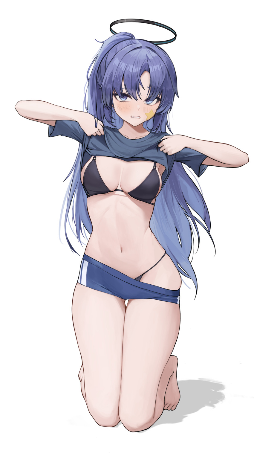 1girl absurdres barefoot black_bra black_panties blue_archive blue_buruma blue_eyes blue_hair bra breasts buruma buruma_pull clenched_teeth clothes_lift clothes_pull grey_shirt halo highres kneeling lifting_own_clothes long_hair looking_at_viewer medium_breasts navel official_alternate_costume panties ponytail shirt shirt_lift short_sleeves solo soriham star_(symbol) stomach string_panties teeth thighs underwear very_long_hair yuuka_(blue_archive) yuuka_(track)_(blue_archive)