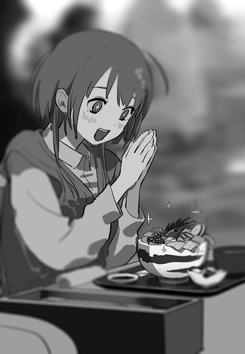 1girl bowl character_request collared_shirt food food_focus greyscale highres kukka looking_at_food looking_at_object mimoza_no_kokuhaku monochrome novel_illustration official_art palms_together shirt shrimp solo