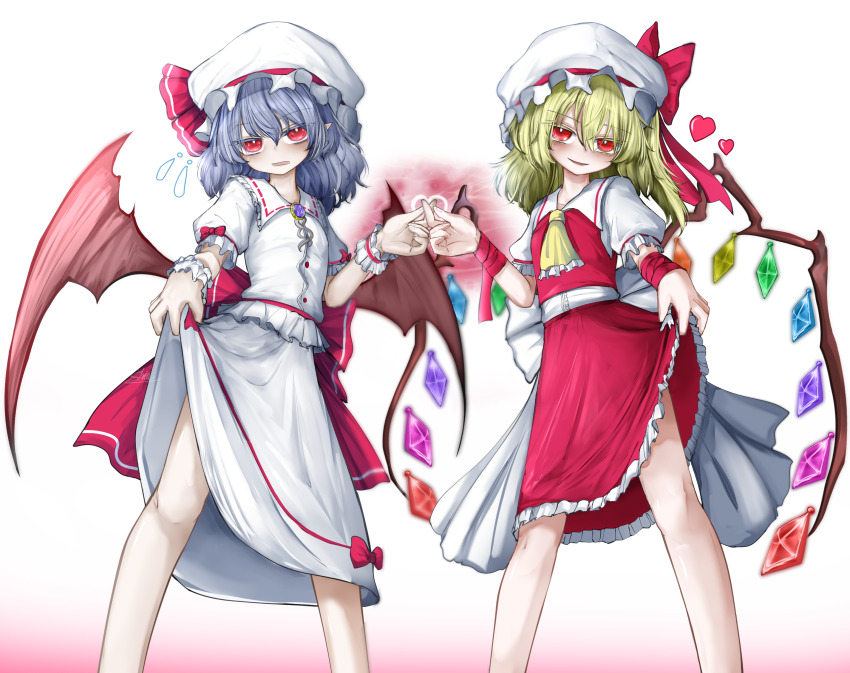 2girls absurdres ascot back_bow bat_wings blonde_hair blue_hair bow clothes_lift collared_shirt commentary crystal crystal_wings flandre_scarlet frilled_shirt_collar frills gem hat hat_bow hat_ribbon heart highres itanase long_hair looking_at_viewer mob_cap multicolored_wings multiple_girls number-only_commentary one_side_up open_mouth pointy_ears puffy_short_sleeves puffy_sleeves purple_gemstone red_bow red_eyes red_skirt red_vest remilia_scarlet ribbon shirt short_sleeves siblings side_ponytail sisters skirt skirt_lift skirt_set smile touhou vest white_hat white_shirt white_skirt wings wrist_cuffs wrist_ribbon yellow_ascot