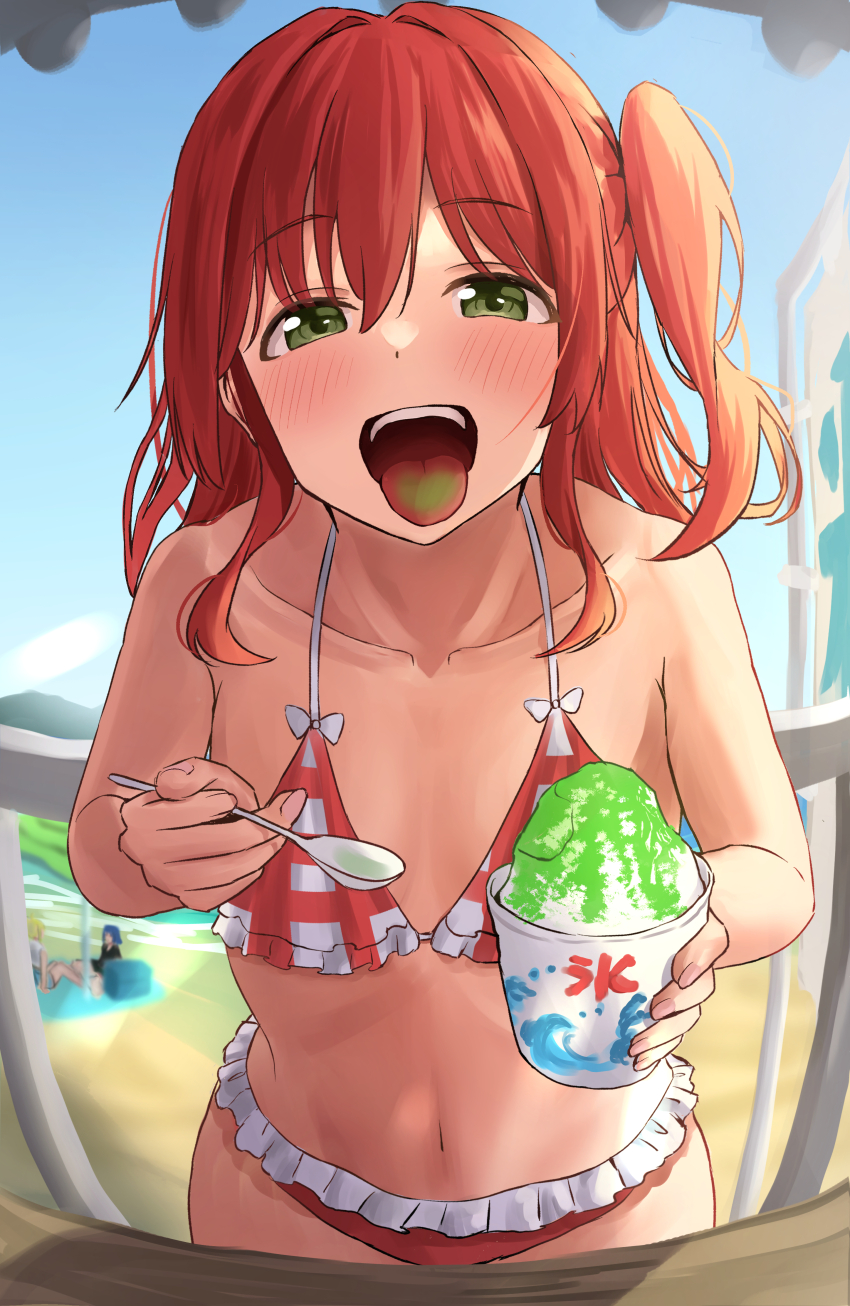 1girl absurdres bikini blue_sky bocchi_the_rock! collarbone colored_tongue day fisheye flat_chest food frilled_bikini frills green_eyes highres holding holding_spoon kirinagi35 kita_ikuyo koinobori kooribata long_hair one_side_up outdoors red_bikini red_eyes red_hair shaved_ice sky solo spoon swimsuit tongue tongue_out windsock