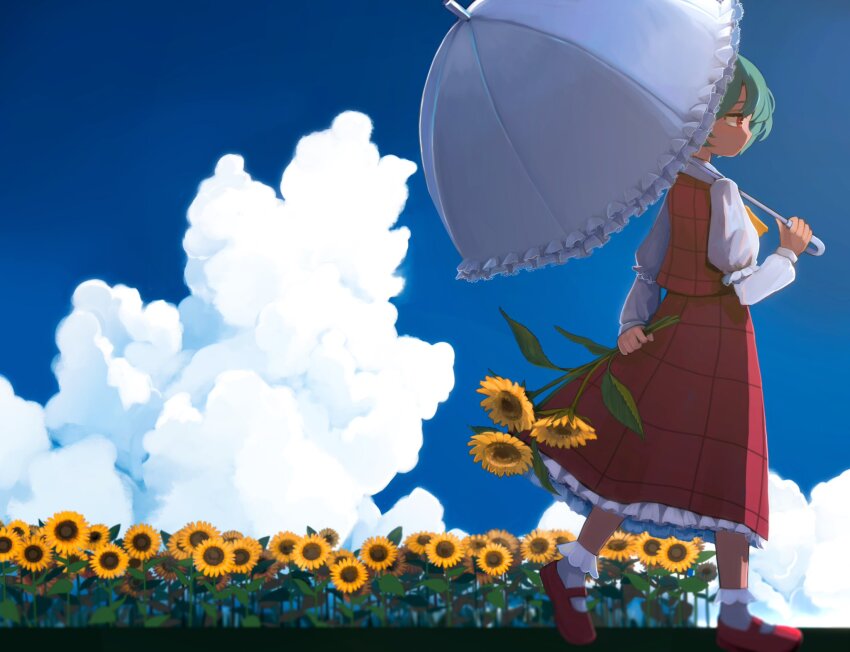 1girl ascot blue_sky closed_mouth cloud commentary expressionless field flower flower_field frilled_skirt frills full_body garden_of_the_sun green_hair highres holding holding_flower holding_umbrella ichinose_(kurui96) kazami_yuuka long_sleeves looking_afar mary_janes outdoors parasol plaid_clothes plaid_skirt plaid_vest red_eyes red_footwear red_skirt red_vest shirt shoes short_hair skirt skirt_set sky socks solo sunflower symbol-only_commentary touhou umbrella vest white_shirt white_socks white_umbrella yellow_ascot yellow_flower