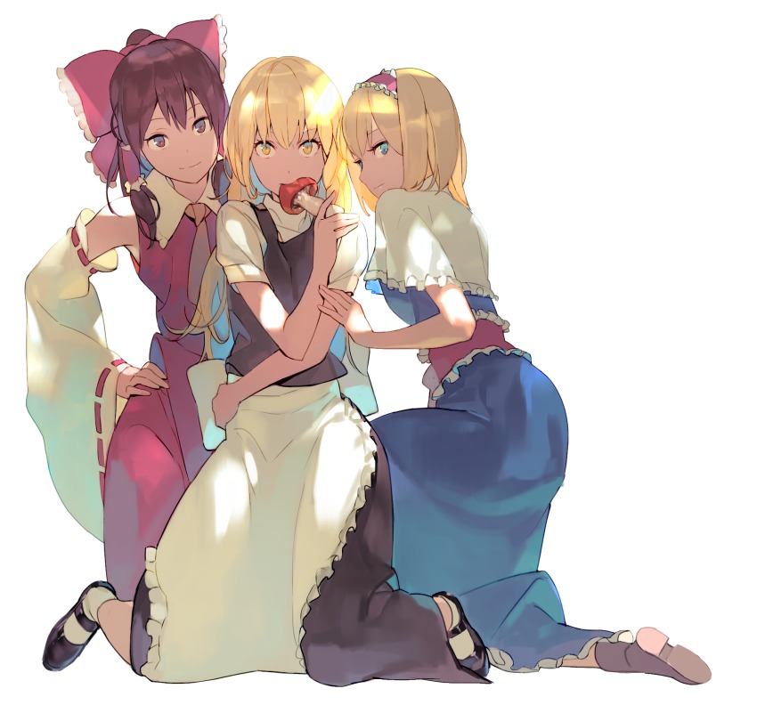 3girls alice_margatroid ankle_boots apron aqua_eyes bad_id bad_pixiv_id bare_arms biting black_footwear black_skirt black_vest blonde_hair blue_dress blue_eyes boots bow braid brown_footwear brown_hair capelet closed_mouth dappled_sunlight detached_sleeves dress eyelashes flat_chest food food_in_mouth frilled_apron frills full_body hair_bow hair_tubes hairband hakurei_reimu hand_on_own_hip highres holding holding_food jandy kirisame_marisa kneeling lolita_hairband looking_at_viewer looking_back mary_janes multiple_girls mushroom necktie no_headwear ponytail ribbon-trimmed_sleeves ribbon_trim sash self_hug shirt shoe_soles shoes short_hair short_sleeves side_braid sidelocks simple_background skirt skirt_set smile socks sunlight touhou turtleneck vest waist_apron white_apron white_background white_legwear white_shirt wide_sleeves yellow_eyes