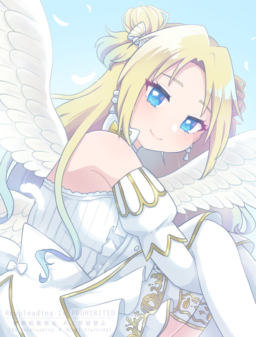 1girl angel_wings blonde_hair blue_eyes blue_hair blush bow closed_mouth commentary_request detached_sleeves double_bun dress earrings ether_aria_(love_live!) falling_feathers feathered_wings feathers feet_out_of_frame from_side gradient_hair hair_bow hair_bun highres jewelry juliet_sleeves light_blue_hair link!_like!_love_live! long_hair long_sleeves looking_at_viewer love_live! medium_dress miyaco_(shirataki_168) multicolored_hair multiple_wings official_alternate_costume osawa_rurino over-kneehighs parted_bangs puffy_sleeves smile solo split_mouth strapless strapless_dress thighhighs twintails virtual_youtuber watermark white_bow white_dress white_feathers white_thighhighs wings