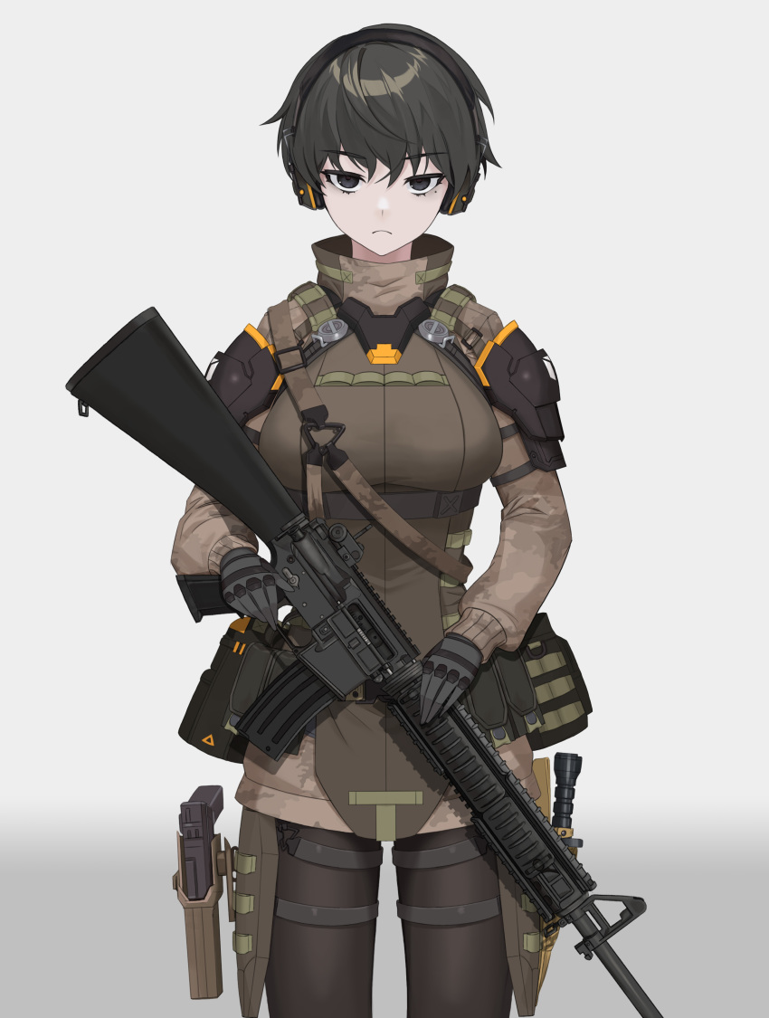 1girl absurdres assault_rifle black_eyes black_hair commentary_request cowboy_shot dlarudgml21 gloves grey_background gun headset highres holding holding_weapon korean_commentary looking_at_viewer m16 m16a4 military mole mole_under_eye original pantyhose rifle short_hair simple_background solo tactical_clothes weapon