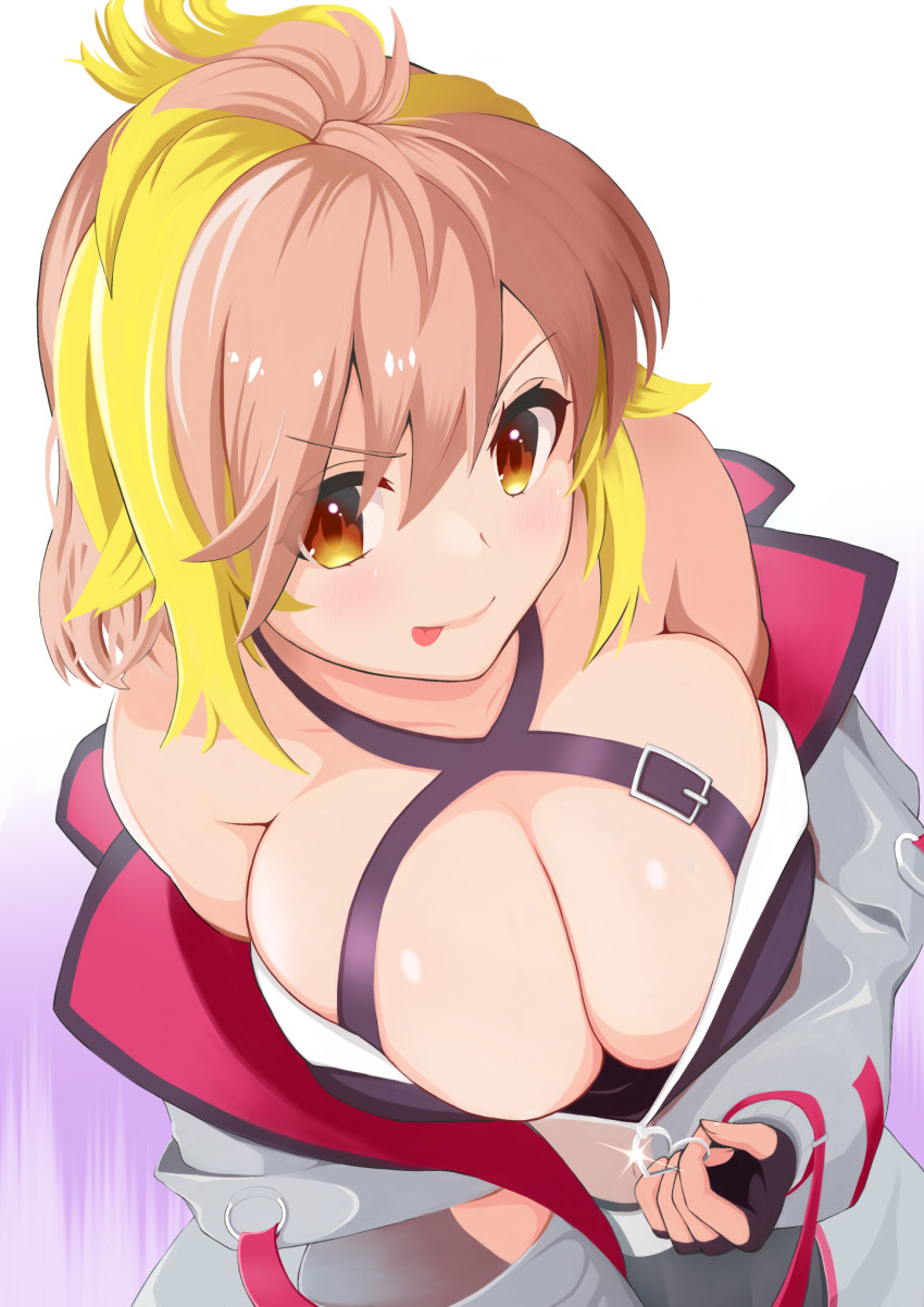 &gt;:p 1girl :p alternate_breast_size animare bare_shoulders belt black_belt black_gloves blonde_hair bonchi_age breasts breasts_squeezed_together closed_mouth criss-cross_halter fingerless_gloves gloves halterneck highres hira_hikari jacket large_breasts long_sleeves looking_at_viewer medium_hair multicolored_hair nanashi_inc. orange_eyes pink_hair see-through_clothes solo tongue tongue_out two-tone_hair unzipping v-shaped_eyebrows virtual_youtuber white_jacket zipper_pull_tab