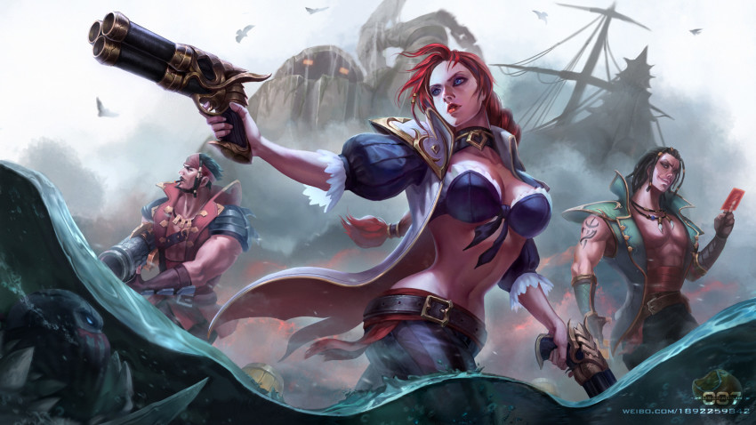 1girl 4boys blue_eyes breasts dual_wielding gun handgun highres holding kusanagi_lin large_breasts league_of_legends graves_(league_of_legends) midriff multiple_boys narrow_waist nautilus_(league_of_legends) pistol pyke red_hair miss_fortune_(league_of_legends) tagme twisted_fate weapon