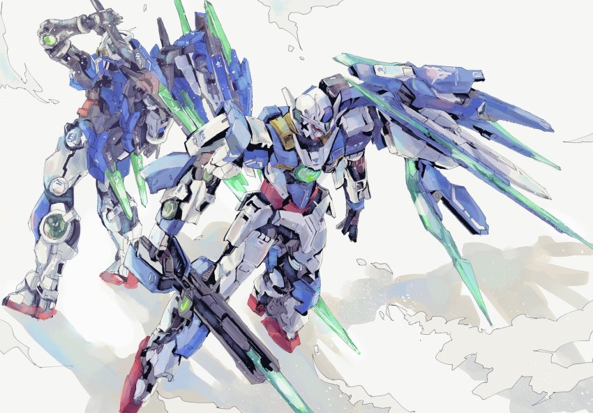 00_qan[t] aqua_eyes back-to-back commentary dust_cloud from_behind gundam gundam_00 gundam_00_a_wakening_of_the_trailblazer gundam_00_festival_10_&quot;re:vision&quot; gundam_exia_repair_iv highres holding holding_sword holding_weapon joints kare_(0621utak) mecha mobile_suit no_humans open_hand robot robot_joints science_fiction shadow simple_background sword v-fin weapon weapon_on_back white_background