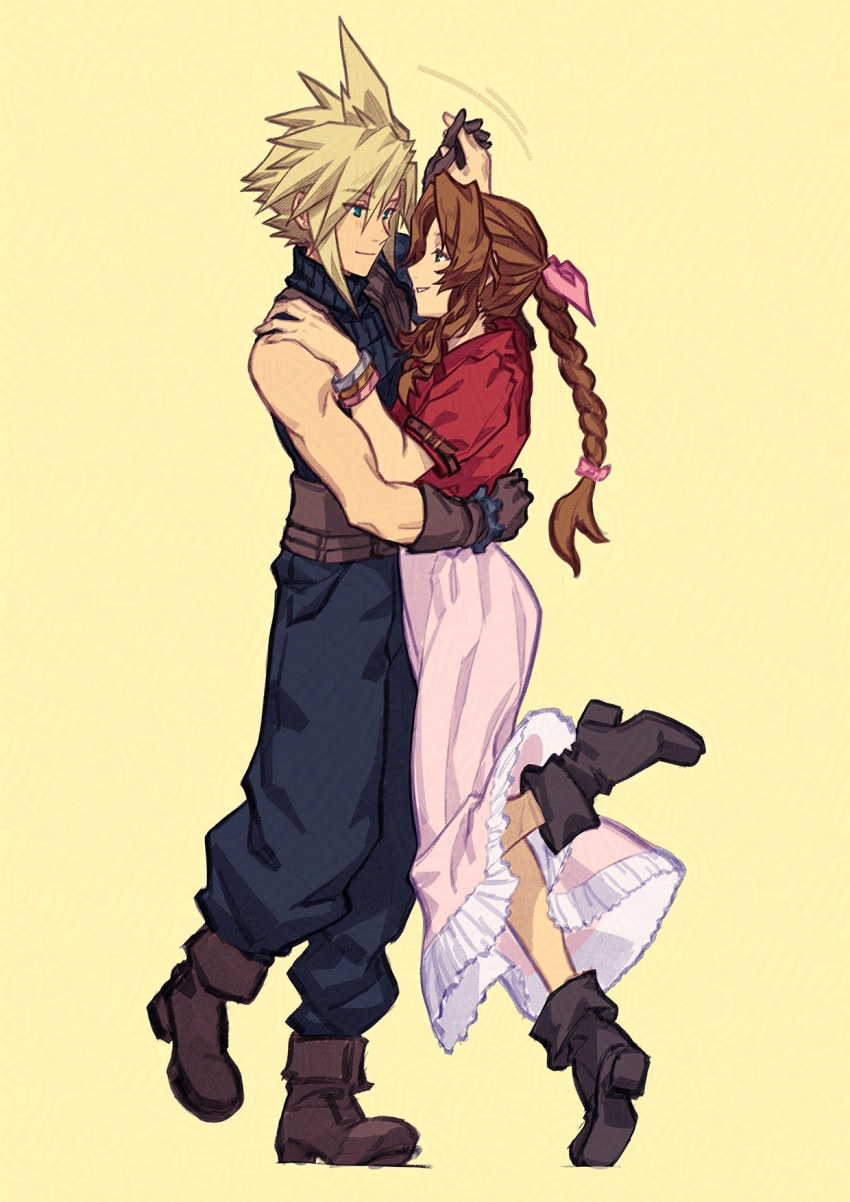 1boy 1girl aerith_gainsborough arm_around_waist armor baggy_pants bangle belt blonde_hair blue_shirt boots bracelet braid braided_ponytail brown_belt brown_footwear brown_gloves brown_hair cloud_strife couple cropped_jacket dancing dress ff7_ree final_fantasy final_fantasy_vii final_fantasy_vii_rebirth final_fantasy_vii_remake full_body gloves hair_between_eyes hair_ribbon hetero highres holding_hands jacket jewelry long_dress long_hair looking_at_another multiple_belts pants parted_bangs pink_dress pink_ribbon red_jacket ribbon shirt short_hair short_sleeves shoulder_armor sidelocks single_bare_shoulder single_braid single_shoulder_pad sleeveless sleeveless_turtleneck smile spiked_hair suspenders turtleneck yellow_background