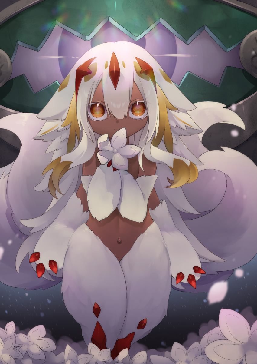 1girl absurdres animal_ears body_fur brown_eyes covering_privates covering_breasts dark_skin ebichiri_sunday extra_arms faputa flower furry highres made_in_abyss monster_girl multiple_tails navel nude short_hair tail white_hair