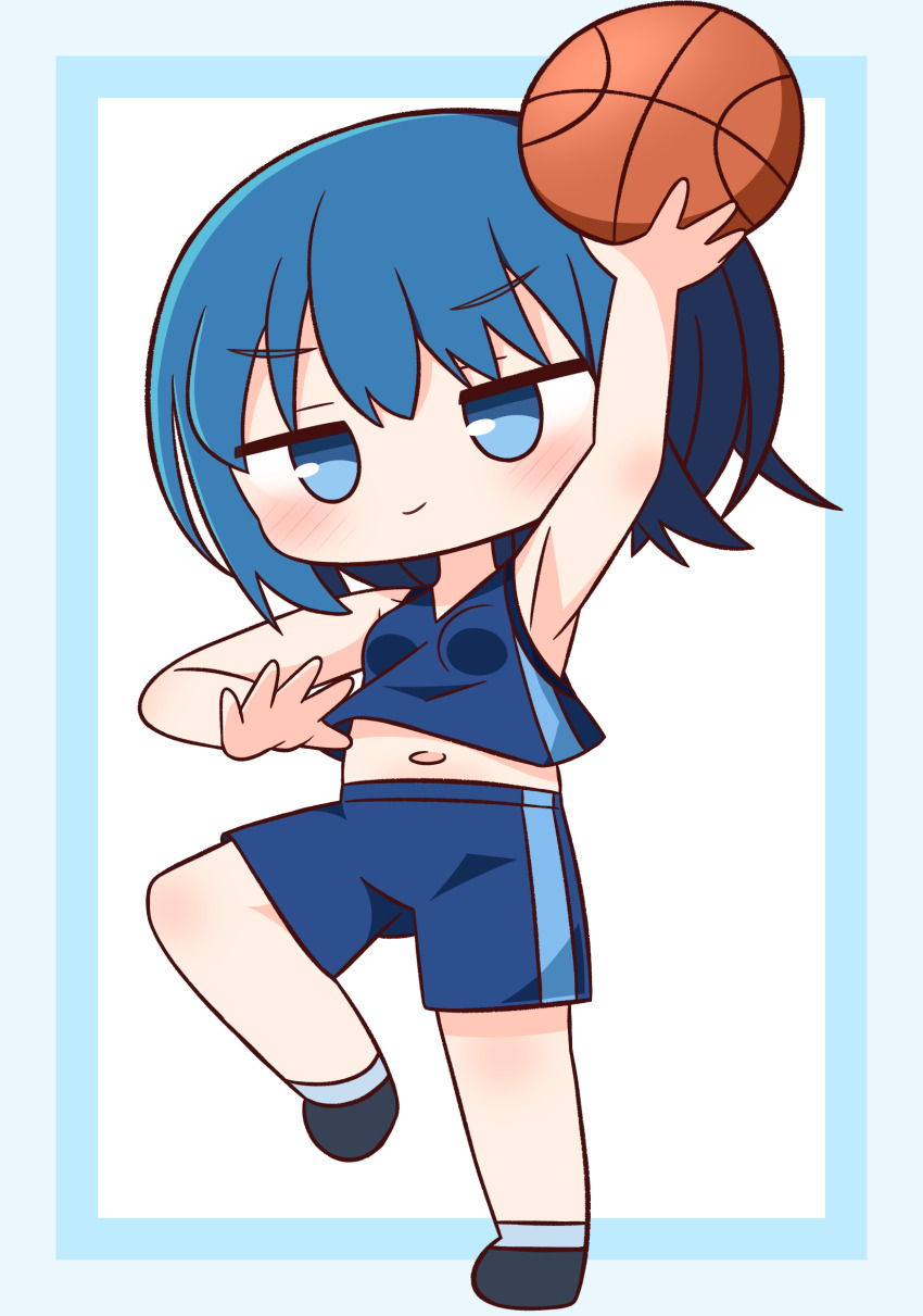 1girl arm_up armpits ball bare_arms bare_shoulders basketball_(object) black_footwear blue_border blue_eyes blue_hair blue_shirt blue_shorts blush border breasts chibi chibi_only closed_mouth commentary_request crop_top grey_socks hair_between_eyes hana_kazari highres kiritani_haruka midriff navel project_sekai revision shirt shoes shorts sleeveless sleeveless_shirt small_breasts smile socks solo standing standing_on_one_leg white_background