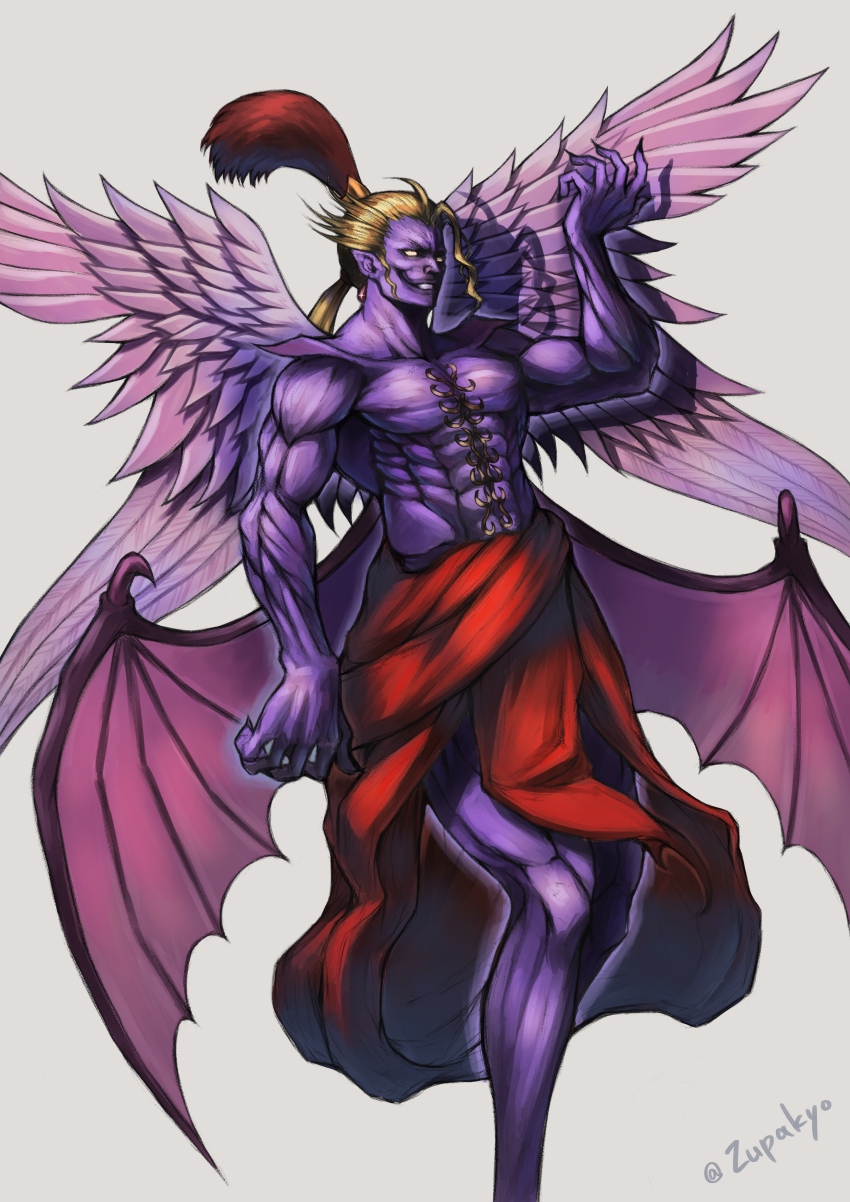 1boy abs absurdres angel_wings arm_up blonde_hair cefca_palazzo colored_skin commentary_request demon_wings evil_grin evil_smile feathered_wings feet_out_of_frame final_fantasy final_fantasy_vi grey_background grin hair_pulled_back highres long_hair low_ponytail male_focus multiple_wings muscular muscular_male parted_lips ponytail purple_skin simple_background smile solo topless_male twitter_username white_eyes wings zupakyo