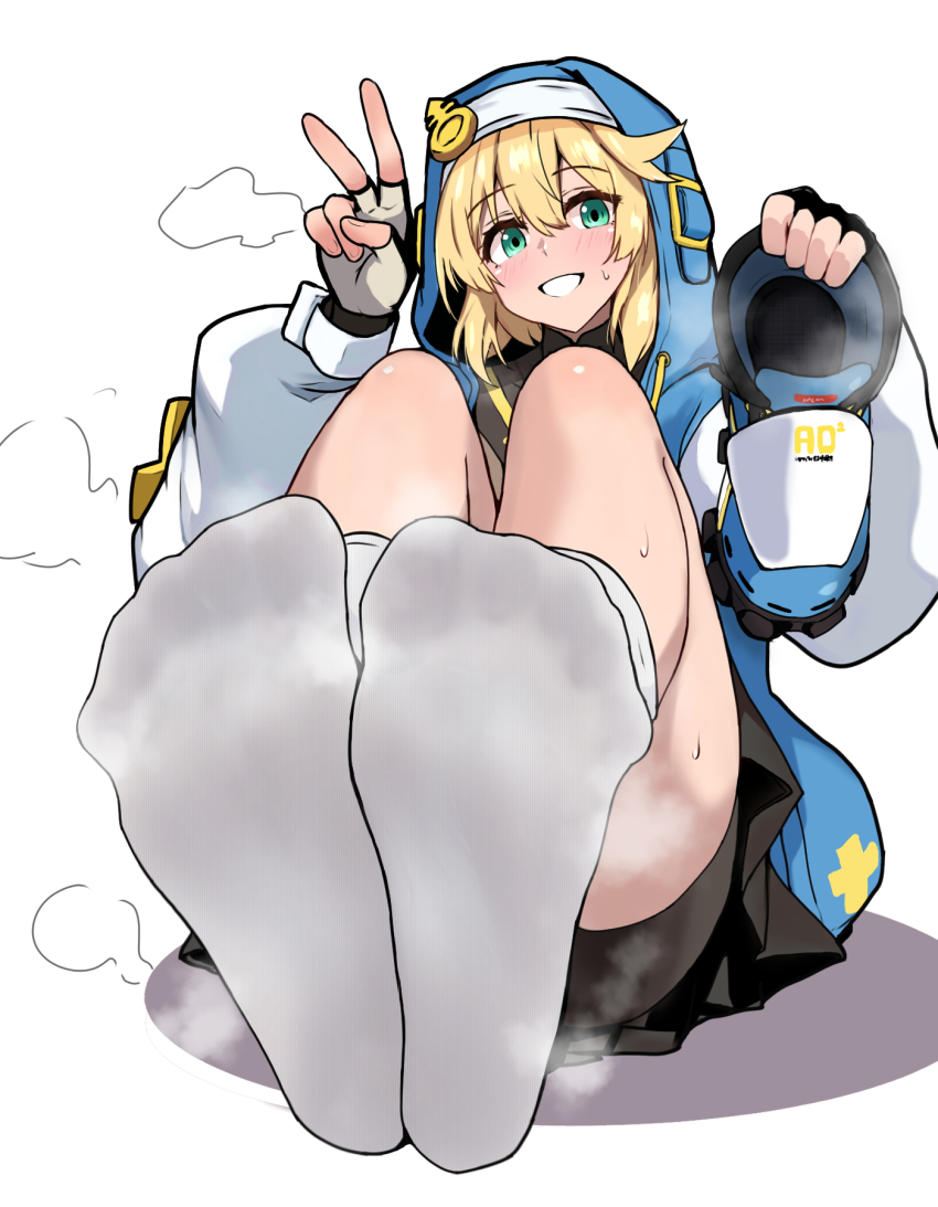 1boy bike_shorts blonde_hair blue_footwear blush bridget_(guilty_gear) crossdressing feet fingerless_gloves foot_focus foreshortening full_body gloves green_eyes guilty_gear hair_between_eyes hand_up hands_up highres knees_up long_hair looking_at_viewer male_focus miniskirt no_shoes on_ground pleated_skirt puffy_sleeves shadow shoes sitting skirt smell smile socks soles solo spread_toes steaming_body sweatdrop tarosu toes trap unworn_shoes v white_socks