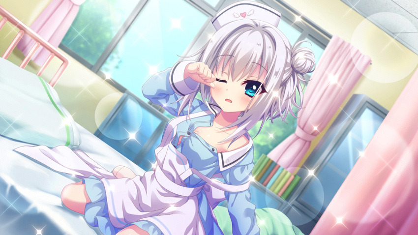 1girl apron blue_eyes blue_sky blush book breasts cleavage clenched_hand collarbone day dot_nose film_grain game_cg hair_bun hand_up hat indoors infirmary izumi_tsubasu lens_flare long_sleeves nishidate_haku non-web_source nurse_cap official_art on_bed one_eye_closed open_mouth partially_unbuttoned pillow pink_curtains re:stage! rubbing_eyes short_hair sidelocks single_off_shoulder single_side_bun sitting sky sleepy small_breasts socks solo sparkle strap_slip tilted_headwear wariza white_hair white_hat white_socks window