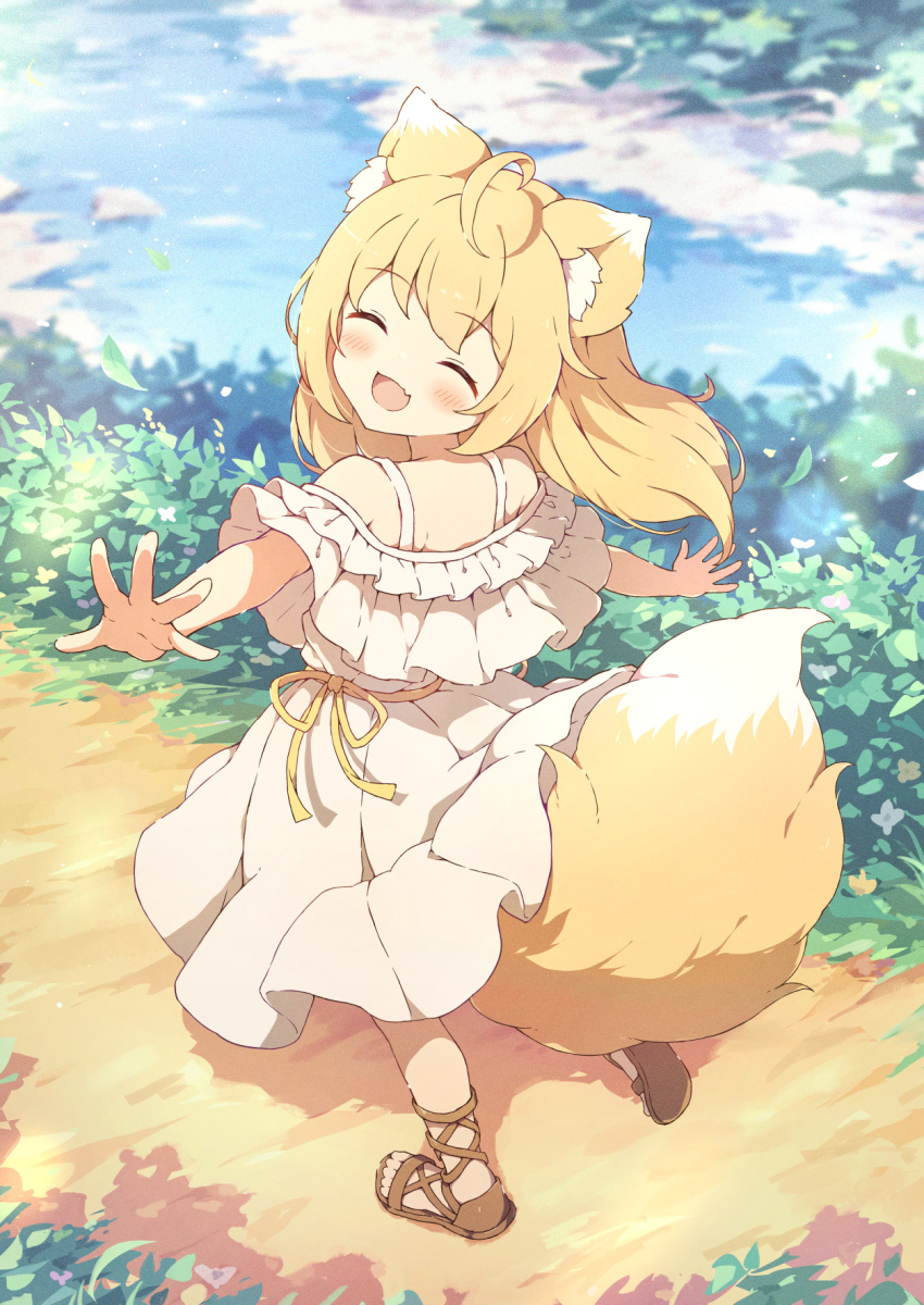 1girl ahoge animal_ear_fluff animal_ears blonde_hair blurry blush bush closed_eyes day depth_of_field dress fang fox_ears fox_girl fox_tail frilled_dress frills head_tilt highres leaf long_hair no_socks off-shoulder_dress off_shoulder open_mouth original outdoors outstretched_arms path ribbon road running sandals sidelocks smile solo strap stream tail tyomimas variant_set vegetation waist_ribbon water_stream white_dress yellow_ribbon