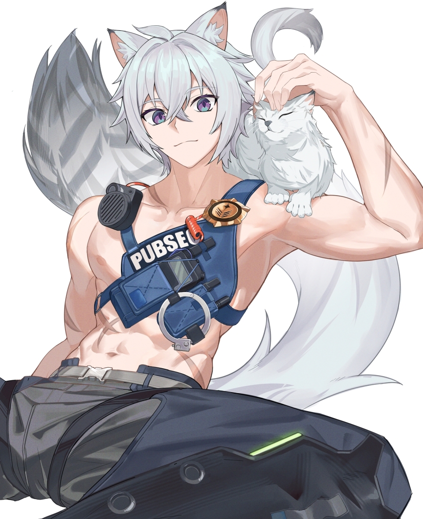 1boy abs animal_ear_fluff animal_ears black_pants cat cat_boy cat_ears cat_tail closed_mouth collarbone crossed_bangs hair_between_eyes highres inimiyon1234 looking_at_viewer male_focus muscular muscular_male pants purple_eyes scar scar_on_arm seth_lowell short_hair sidelocks simple_background smile solo tail variant_set white_background white_cat zenless_zone_zero