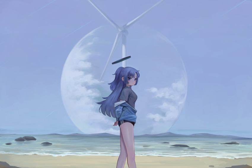 1girl arm_behind_back beach black_buruma blue_archive blue_jacket blue_sky blush breasts buruma closed_mouth commentary_request commission day dokomon feet_out_of_frame from_side full_moon grey_shirt halo highres jacket korean_commentary long_sleeves looking_at_viewer looking_to_the_side medium_breasts moon off_shoulder open_clothes open_jacket outdoors parted_bangs pixiv_commission ponytail puffy_long_sleeves puffy_sleeves purple_eyes purple_hair sand shirt shore short_sleeves sky solo water wind_turbine windmill yuuka_(blue_archive)